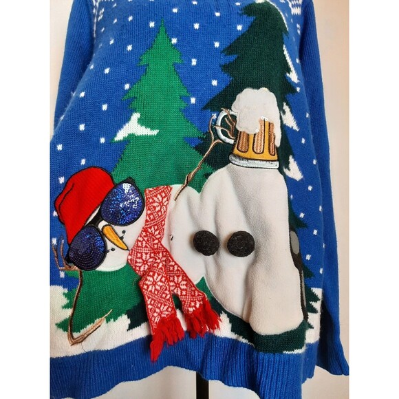 Ugly Christmas Sweater Women XL Beer Snowman Novelty Unisex Funny Sequined - Picture 2 of 9